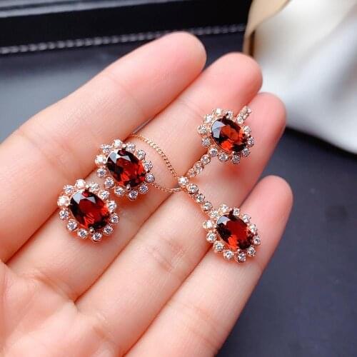 925 sterling silver real Natural garnet Jewelry Sets rings pendants earrings send necklace fine new women mtz060855ags