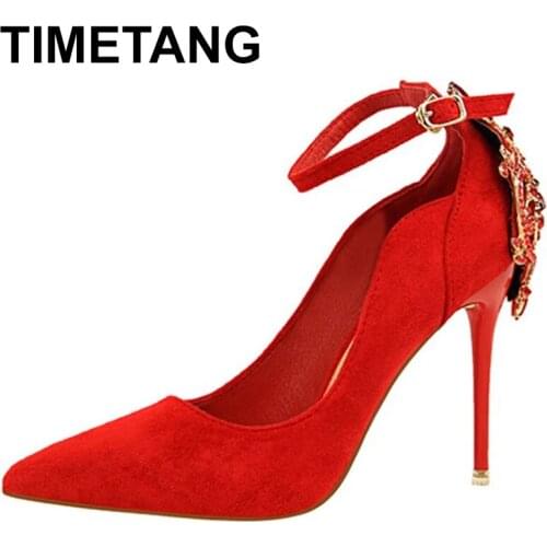 TIMETANG Wedding Shoes Female New Pointed Pumps Flock Velvet Elegant Single Shoes Rhinestone Design 10.5cm Party Shoes