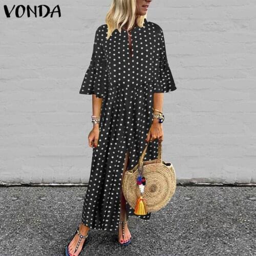 Fashion Dress Half Sleeve Split Party Long Dresses Flare Sleeve Polka Dot Print Dress 2021 VONDA Holiday Sundress Vestidos