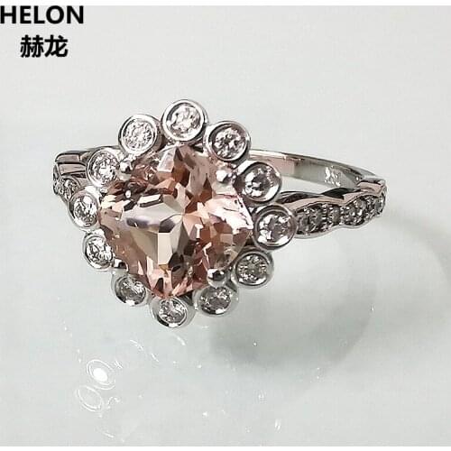 Solid 10k White Gold Women Engagement Wedding Ring 1.06ct Cushion Natural Morganite & Diamonds Anniversary Ring