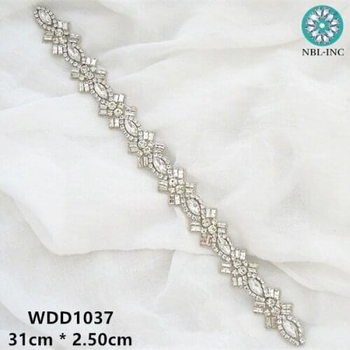1PC) Silver clear crystal rhinestone appliques bridal beaded applique trim sewn iron on for wedding dresses WDD1037
