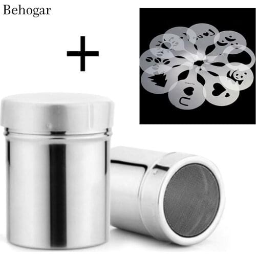 Behogar 2 PCS DIY Chocolate Shaker Cocoa Flour Icing Sugar Powder Coffee Sifter+ 16Pcs Coffe Stencil Template Strew Duster Spray