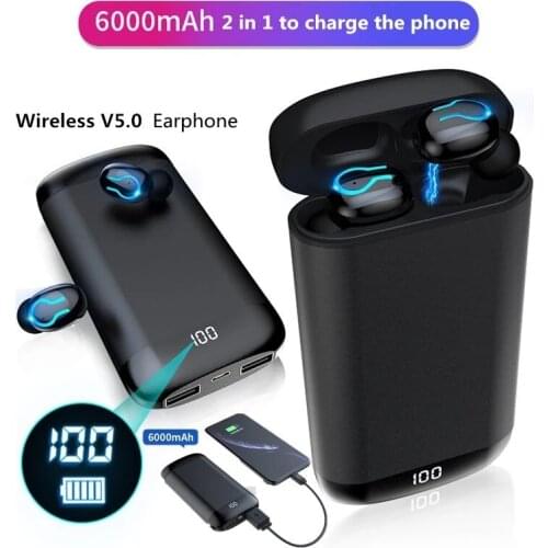 Wireless V5.0 Bluetooth Earphone HD Stereo Headphone Sports Waterproof Headset With Mic and 6000mAh Power Bank Battery Charger