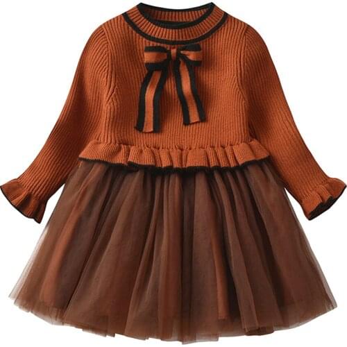 Girl´s Mesh Splicing Sweater One-piece Dress, Round Neck Long Sleeve Falbala Bow Elastic Knitted Bubble Vestidos