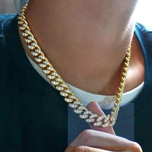 15mm Hip Hop Miami Cuban Chain Necklace Gold Silver Color Full Rhinestone Iced Out Necklace for Women Men Rapper Jewelry