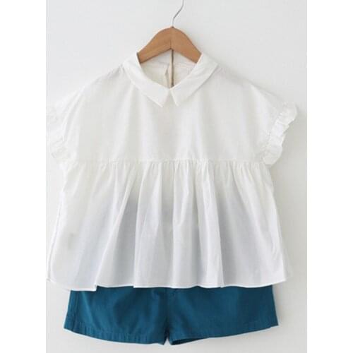 DFXD 2018 Summer Korean Style Toddler Girls Clothes White Short Petal Sleeve Turn Down Collar Shirt+Shorts 2pc Clothing Set 2-7Y