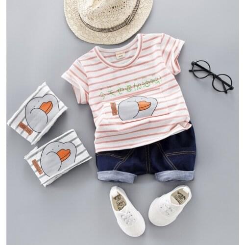 0-4 years High quality boy girl clothing set 2019 summer new cartoon stripe active kid children baby clothing T-shirt+pant 2pcs
