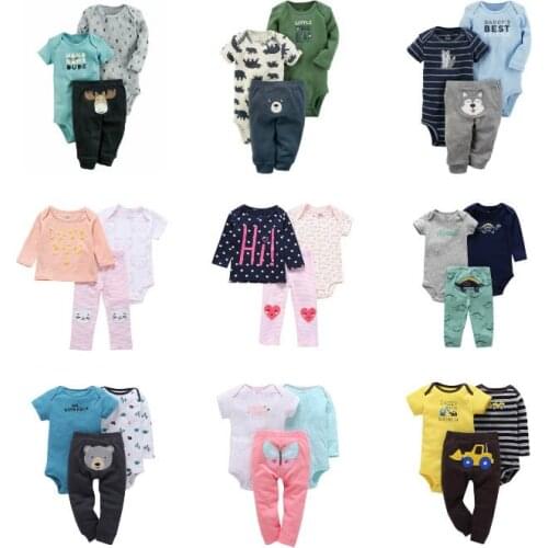 Newborn Infant Baby Boy Girl Clothing Set Cartoon Floral Stripe Long sleeve bodysuit+Short Sleeve jumpsuits+Pants 3Pieces Sets