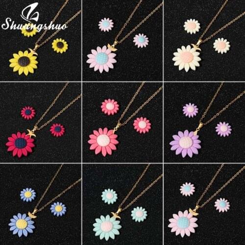 Shuangshuo Creative Sunflower Pendant Choker Necklace Set for Women Fashion Jewelry Necklace Earrings Charm Accessories Gift