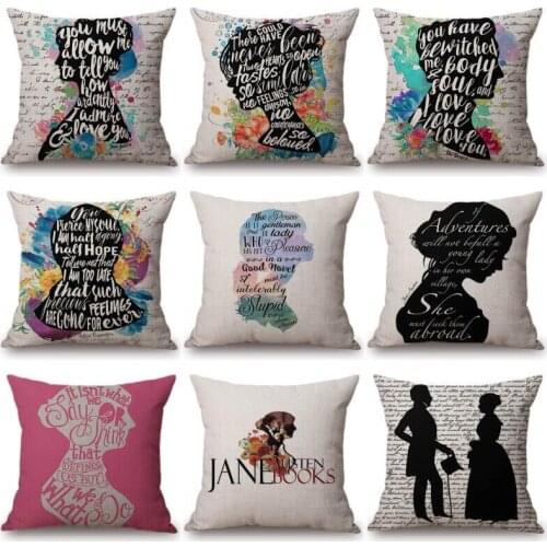 18" Square Floral Jane Austen Quotation Letter Print Sofa throw pillow cover case Double Linen Nordic Masterpiece Cushion Cover