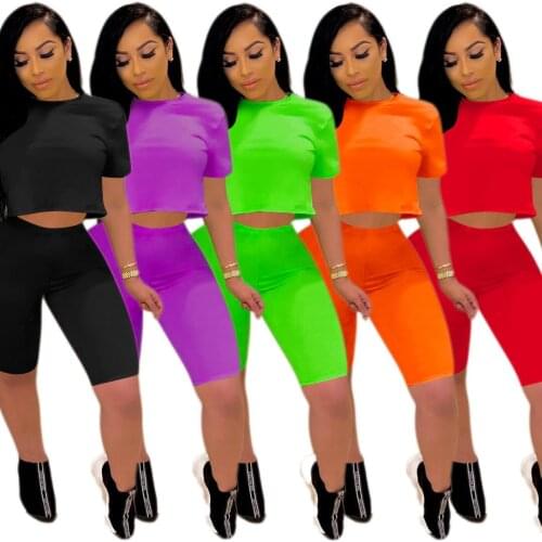 Solid Tracksuit Women 2 Piece Set 2020 Summer Crop Top and Shorts Set Jogging Femme Biker Shorts Black Women Clothes Cute Outfit