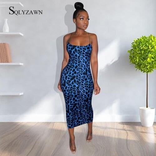 Sexy Leopard Print Sleeveless Summer Midi Dress Women Clothes Plus Size Vestido Elegant Spaghetti Strap Bodycon Night Club Dress