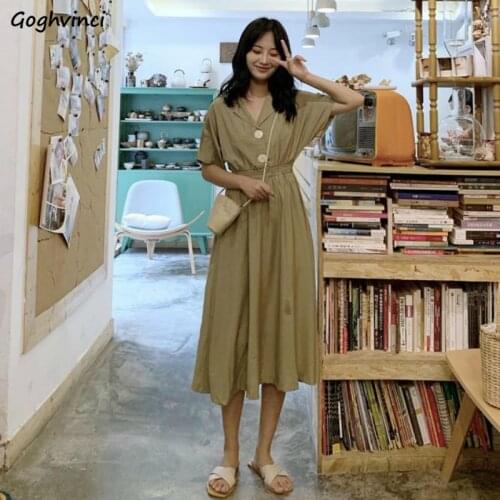 Short Sleeve Dress Women Turn Down Collar Solid Single-breasted Korean Style Elegant Sweet Girls Womens Casual Stylish Simple