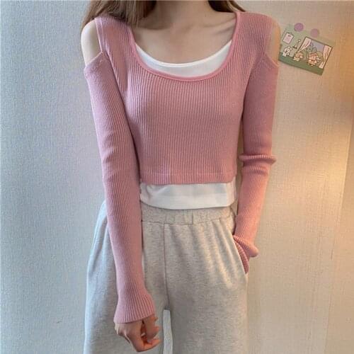 2021 Autumn New Pink Slim Long Sleeve Knitwear Women Fashion Vintage Personality Hedging Fake Two Piece Square Neck Short Top