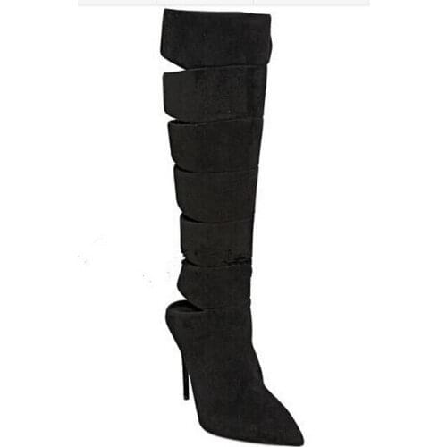Newest black thin high heels pointed toe knee high boots back cut-outs side zipper super high heels spring autumn long boots