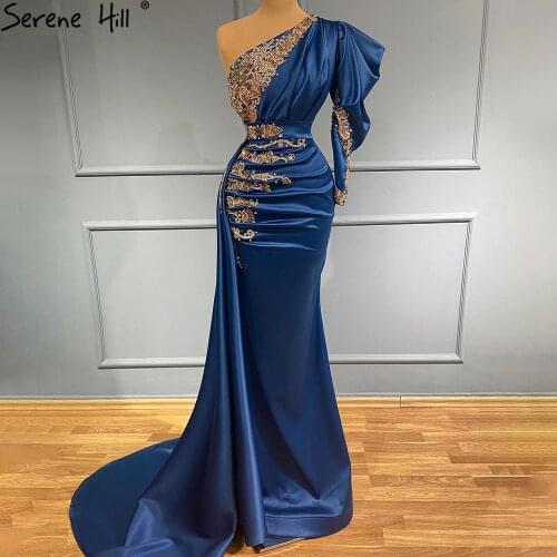 Serene Hill Green Mermaid Satin Evening Dresses Gowns 2021 Beaded One Shoulder Elegant For Women Party LA71341