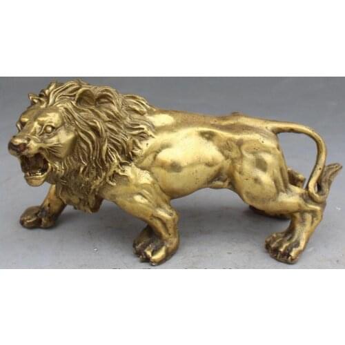 14CM Lucky Chinese Brass Folk FengShui Animal Guardian foo fu dog Lion Statue