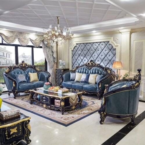 Navy Blue Hotel Lobby Living Room 6 Seater Leather Sofa Set
