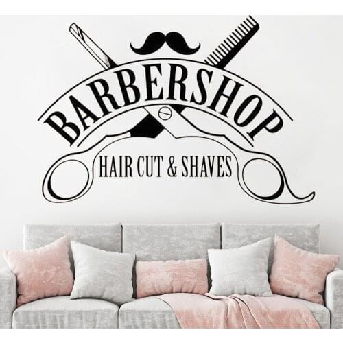 Hair Cut Shaves Logo Wall Window Decals Barbershop Sign Wall Sticker Hair Salon Decor Removable Haircut Wall Vinyl Mural HY348
