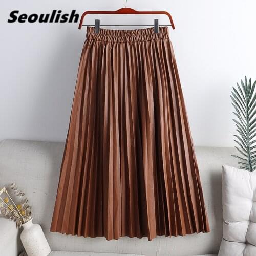 Seoulish 2021 New Autumn Winter Faux PU Leather Pleated Skirts Solid High Waist All-match Elegant Umbrella Midi Skirt Female