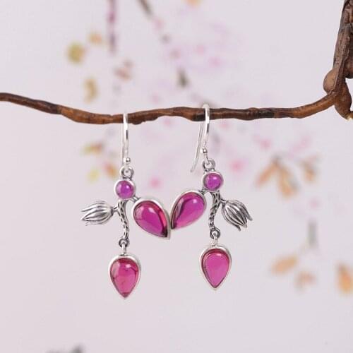 FNJ Earrings 990 Silver Original Pure S990 Sterling Silver Drop Earring for Women Jewelry Rose corundum White Opal green agate