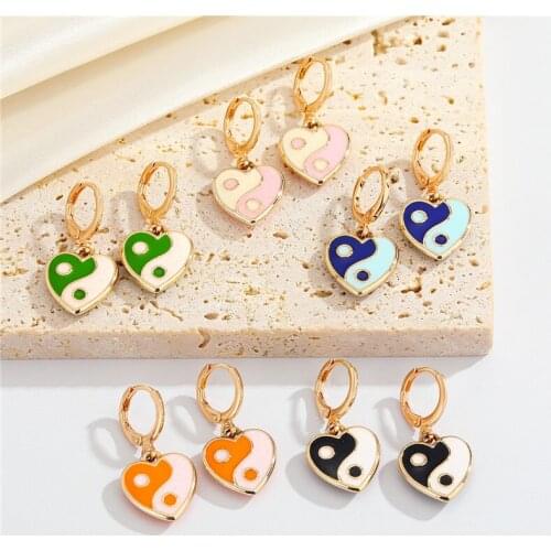 1Pair Punk Enamel Tai Chi Heart Hoop Earrings For Women Vintage Colorful Yin Yang Geometric Stud Earrings Party Jewelry E787