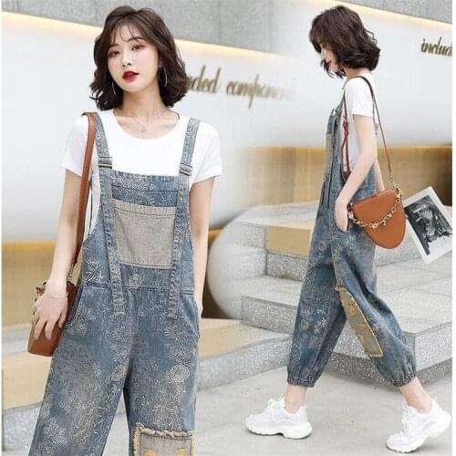 2021 Summer New Korean Version of Retro Hong Kong Style Distressed Denim Overalls Womens Thin Loose Jumpsuit Jumpsuit