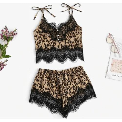 Ladies Black Leopard Print Lace Stitching Straps Bow Sexy Seductive Underwear Bow Sexy Seductive Underwear Pyjama Pour Femme