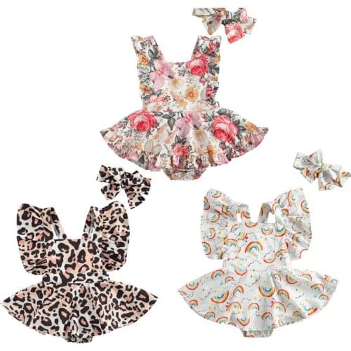 2021 Baby Girls Summer Rompers Clothes Printed Pattern Sleeveless Square Collar Romper Headdress Baby Rompers