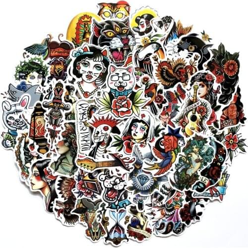 50pcs/lot Black&white Old School Tattoo Stickers for Laptop Suitcase Skateboard Little Vintage Style Waterproof Sunscreen Decals