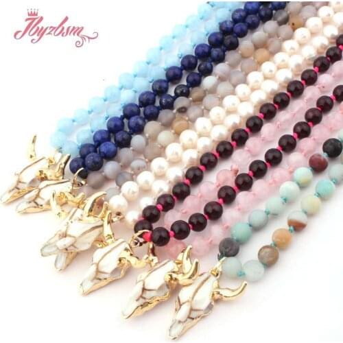 6mm Round Garnet Lapis Amazonite Natural Stone Beads Bohemian Tribal Horn Pendant Jewelry Necklace For Woman Christmas Gift 25"