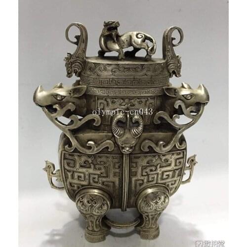 9''tibetan copper silver-plated auspicious beast dragon foo dogs lion sheep vase