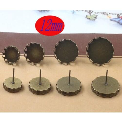 Free ship! Antique bronze 300pcs with 12mm Lace stud earrings and Stopper Earring Base Cameo Setting