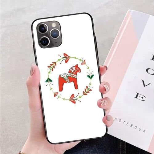 Dala Horse with Swedish Folk Art Wreath Phone Case For iPhone 11 Pro X XR XS Max 6 7 8 plus Samsung S8 S9 S10 S20 A10 A50