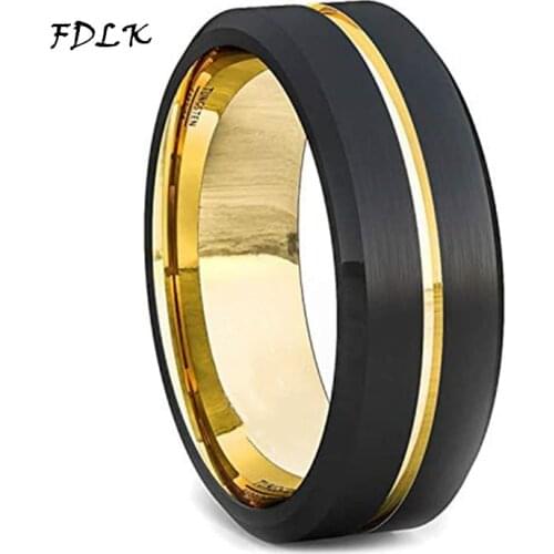 FDLK 8mm Two Tone Black Stainless Steel Ring Men Thin Line Groove Matte Brushed Surface Beveled Edge Mens Wedding Band