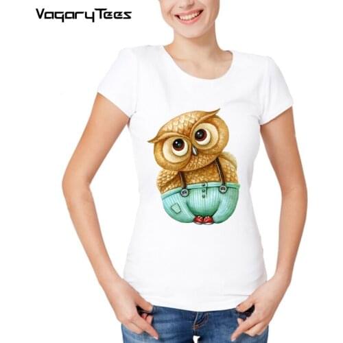 A pencil drawing of a cute owl with big brown eyes print T-Shirt summer fashion Women t-shirt casual Tops cute female Tee