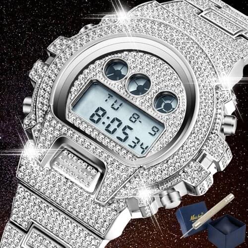 Iced Out Diamond Watch For Men Luxury LED Digital Mens Watches Waterproof Sports Wristwatch Man Fashion Silver Steel Male Clock