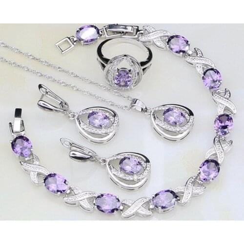 Purple Stones White Cubic Zirconia 925 Sterling Silver Jewelry Sets For Women Wedding Earrings/Pendant/Necklace/Bracelet/Ring