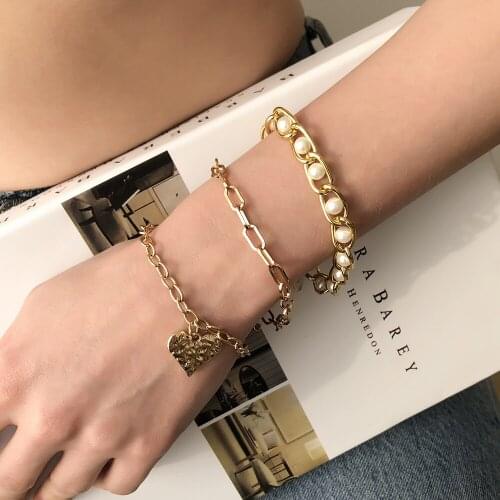 Metal Heart Jewelry Fashion Women Simple Temperament Pearl Bracelet Set Link Round Alloy Gold Bracelet For Girls Party Gifts