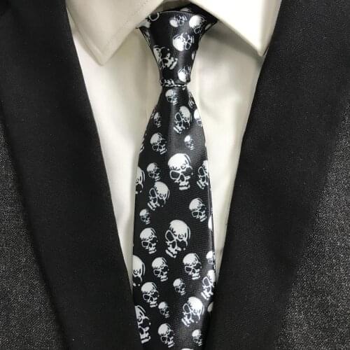 Fashion Men Skull Ties Black with White Classic Skinny Necktie Corbatas with Skulls for Halloween Wedding Party