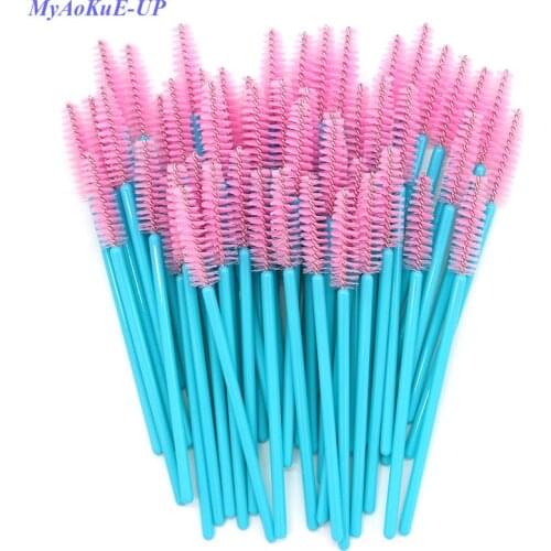 Disposable Mascara Wands Blue Handle Pink Head Lashes Brushes 500pcs/lot Nylon Makeup Brushes Eyelash Extension Tools