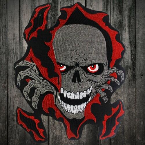 Red fire Skull Embroidery Patch Iron on Patches for Clothes Large Size Biker Jackets DIY Apparel Accessories Badge