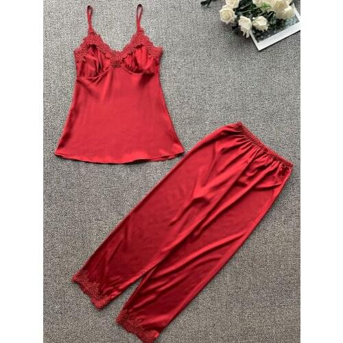 Sexy Autumn Lace Pajamas Sleepwear for Women Sleeveless Spaghetti Strap Pyjamas Femme Top + pants Pajamas Sets Nightwear Pijamas