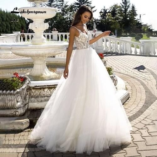 Lakshmigown A-Line Beach Wedding Dresses Summer Boho Bride Dress V Neck Backless Appliques Tulle Wedding Gowns Vestido Novia