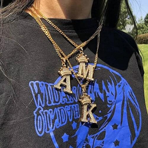 Crown Alphabet Pendants Necklace Punk Cubic Zircon Gold Color A-Z Letter 26 Initial Collares Mens Womens Necklace Jewelry Gift
