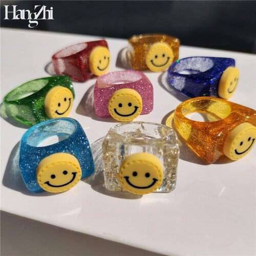 Resin Acrylic Yellow Smiley Colorful Shining Square Rings Minimalist HANGZHI 2021 for Women Girls Summer Party Jewelry Gift
