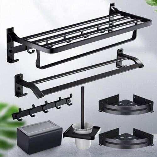 Modern Black Bathroom Accessories Set Space Aluminum Bathroom Toilet Brush Holder Paper Roll Holder Towel Rack Hook Soap Dish