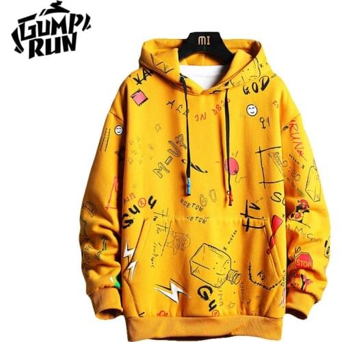 Doodle Pattern Mens Hoodies Men 2020 Winter Fleece Anime Sweatshirt Male Hip Hop Harajuku Japanese Streetwear Yellow Hoodie