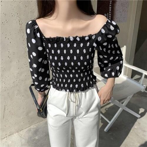 Vintage Womens Tops and Blouses Summer 3/4 Sleeve Polka Dot Printed Chiffon Shirts Off Strapless Womens Blouse