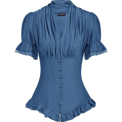 Steampunk Gothic Shirt Women Renaissance Tops Summer Clothes Short Sleeve V-Neck Buttons Decorated Ruffled Blouse Female Ladies